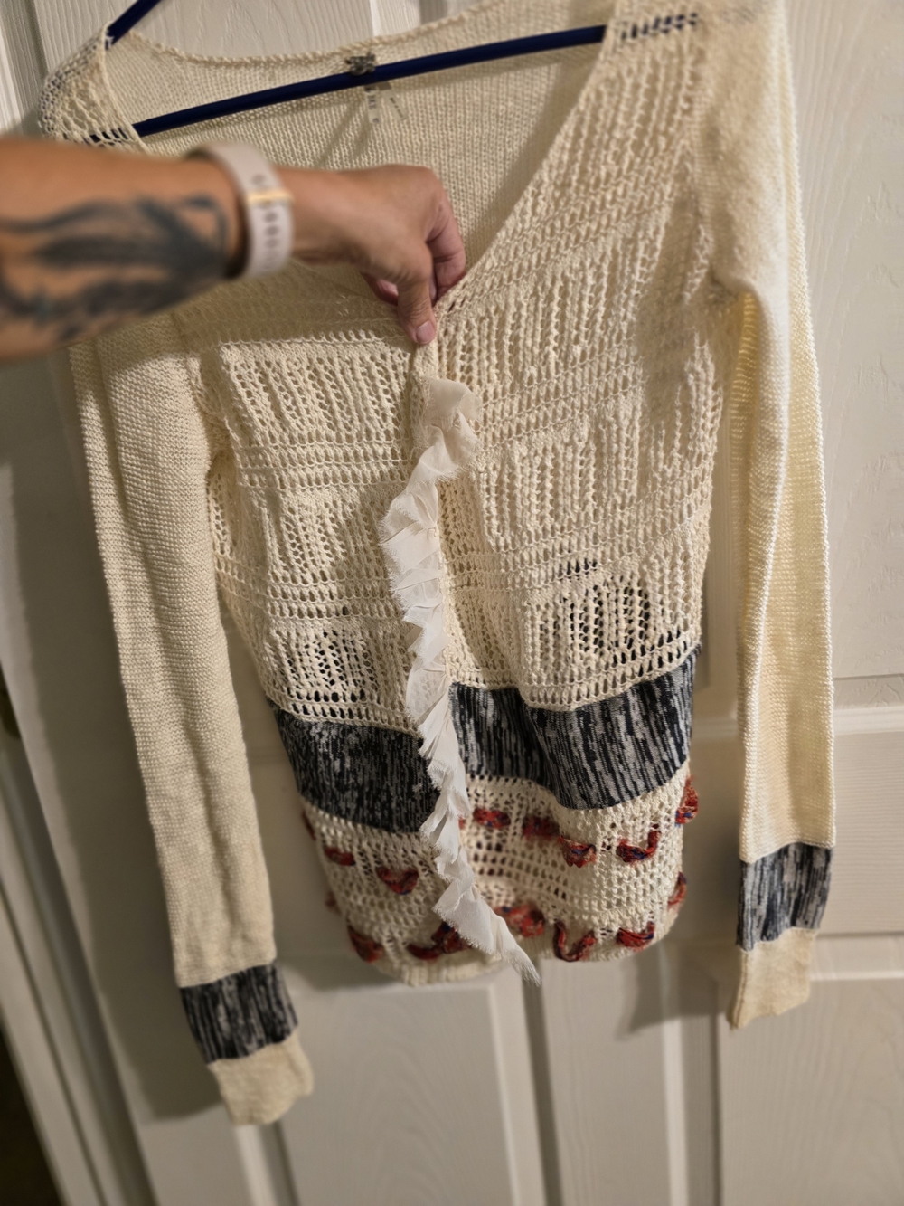Cream Knit Openwork Women’s Sweater with Accent Stripes